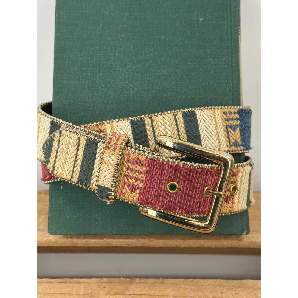 Absolutely Fresh Vtg Southwestern Tapestry Belt Gold Buckle Made in USA ML 32
